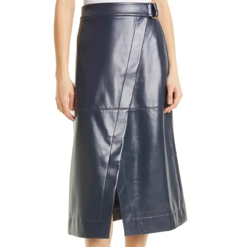 TED BAKER Elii A Line Wrap Faux Leather High Waisted Midi Blue Vegan Skirt
